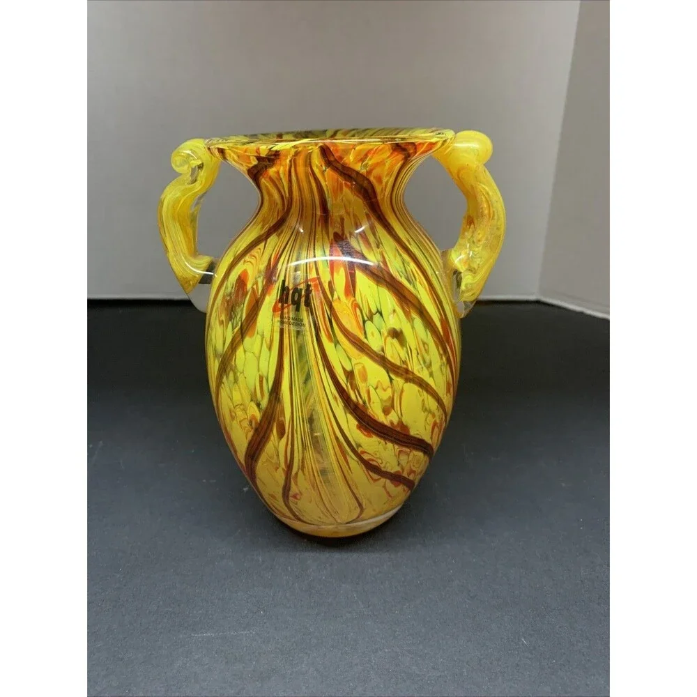 Yellow Glass Vase With Handles 7.5'' tall